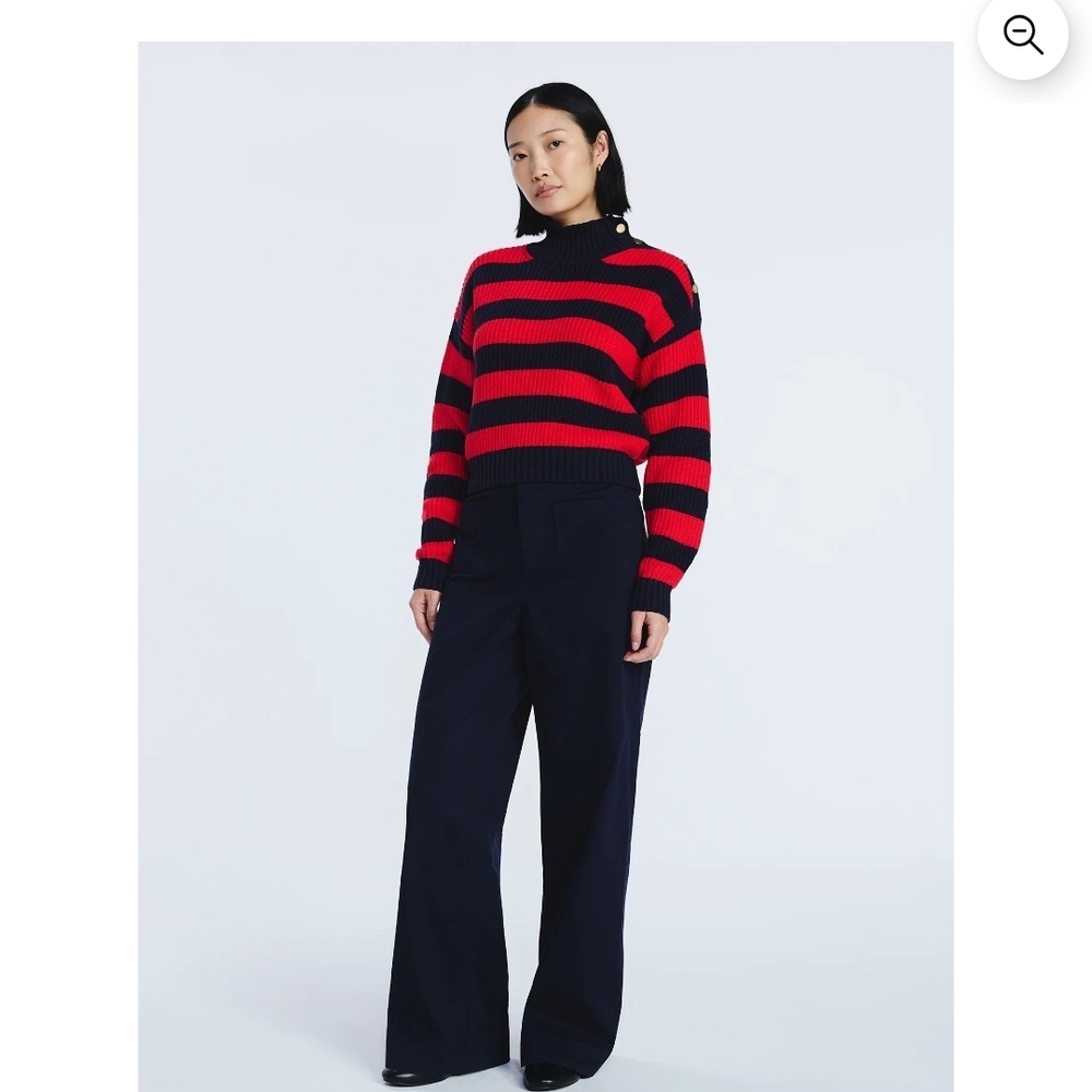 Free Assembly Mock Neck Sweater Red Navy Striped Button Shoulder Ribbed Size S - Picture 5 of 6